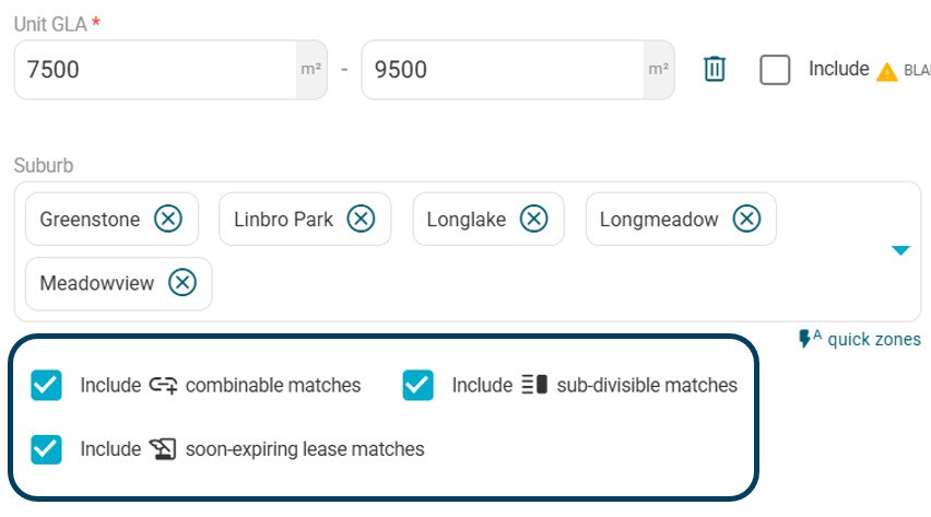 Space search options in Gmaven: include combinable matches, include sub-divisible matches, include soon-expiring lease matches.